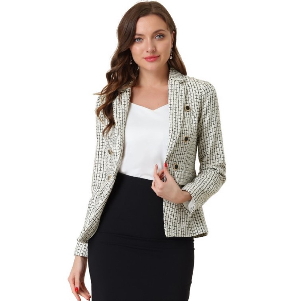 NWT! Allegra K Women's Long Sleeve
Open Front Buttons Plaid Tweed
Blazer Beige M